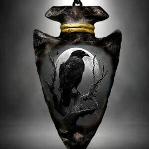 Black Crow Raven Moon Arrowhead Pendant Necklace